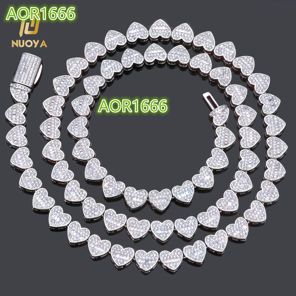 Nuo Ya Hip Hop 8mm Cluster Tennis Necklace with Ice Grade Moissanite Mixed Inlay Long Bar Heart Design 925 Silver Ex Necklace