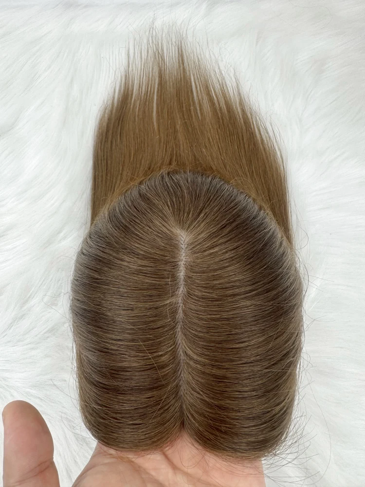 Light Brown Ombre Virgin Hair Women Topper Injected Silicone Skin Base Toupee 9x14cm Clip In Human Hair Topper Silk Bas PU Around or no pu