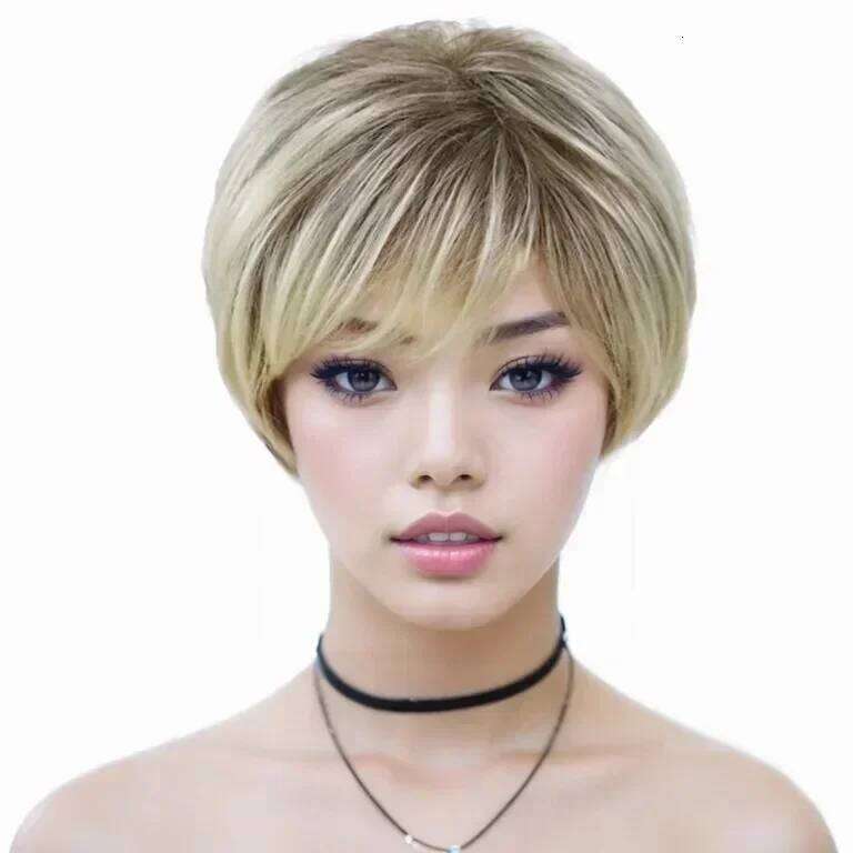 Old Lady Synthetic Hair Blonde with Bangs Natural Short White Woman High Temperature Blond Ombre Mommy Wig for Daily