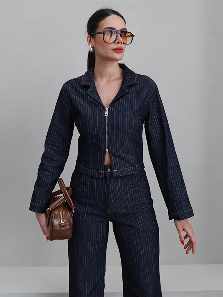 Striped Jeans Women Suit Lapel Long Sleeve Zippers Coat Wide Leg Trousers Female Set 2025 Spring Urban Casual Denim Lady Set 250808