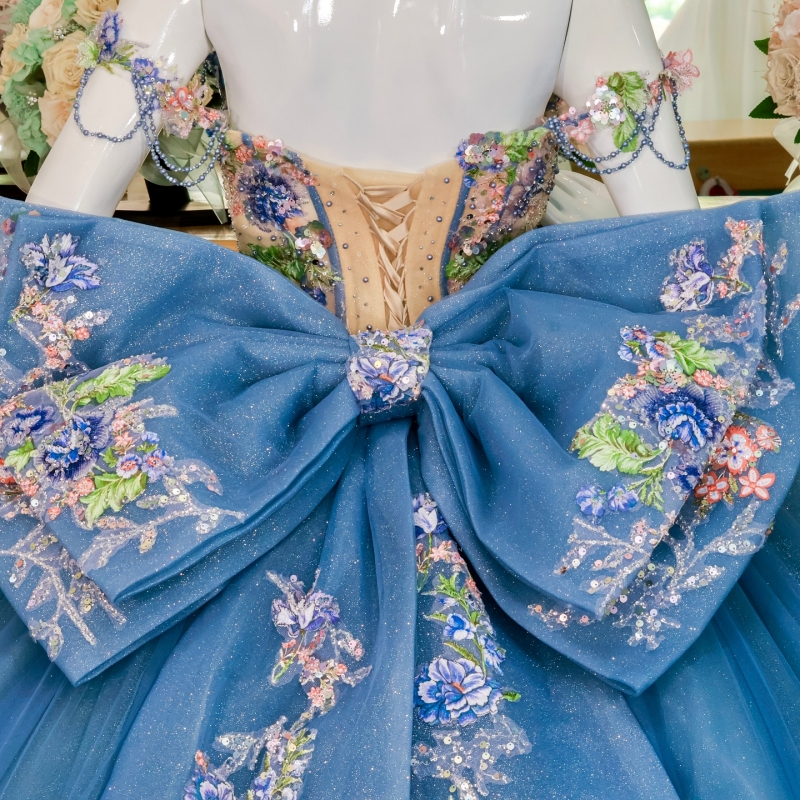 Blue Shiny Quinceanera Dresses Off The Shoulder Sequin Applique Lace Beading Bow Tull Party Birthday Ball Gown Vestidos De 15 Anos Sweet 16 Dress