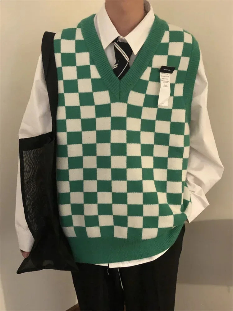 Knit Sweater Male Sleeveless Vest Plaid Icon Mens Clothing Green Waistcoat Neck Sweatshirt Wool X Large Big Size Trend T 250809