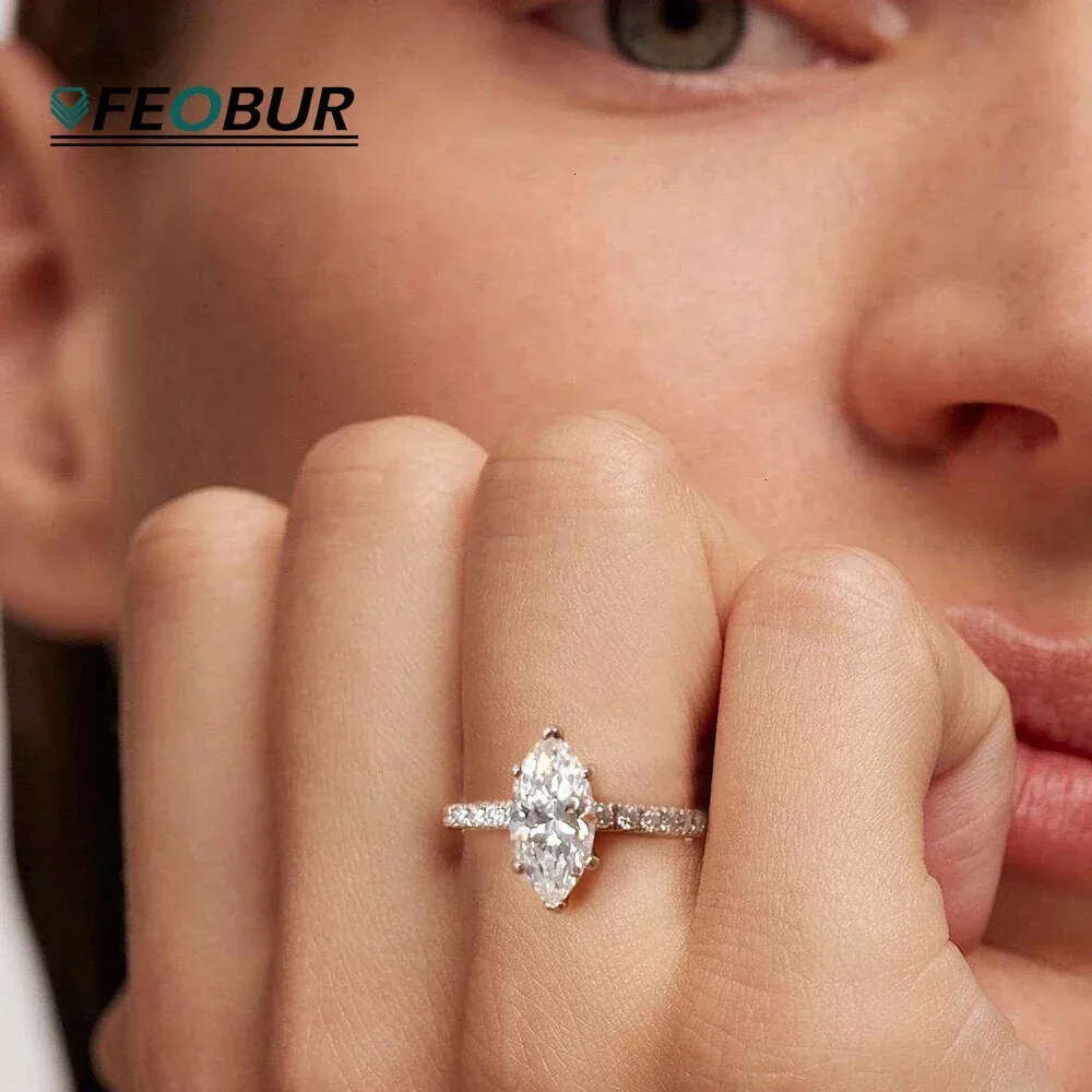 FEOBUR 2CT Marquise Moissanite Engagement Rings for Women Sterling Sier Lab Dia Ring Wedding Band with GRA Certificate