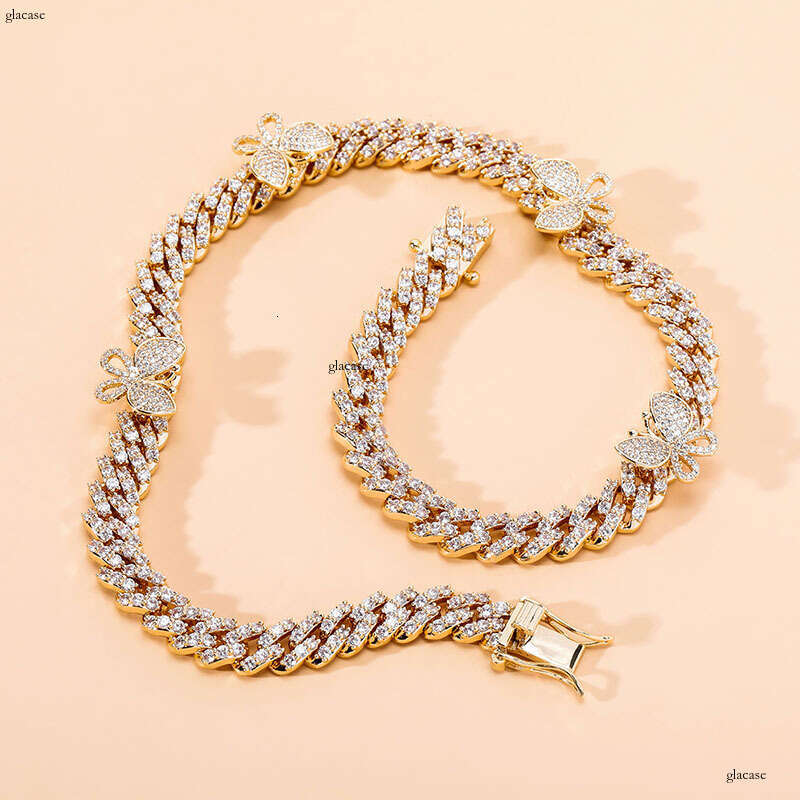 Hip Hop Rap Trend Micro Paved Moissanite chain Colorful Pink Butterfly New 8mm Cuban Necklace Couple