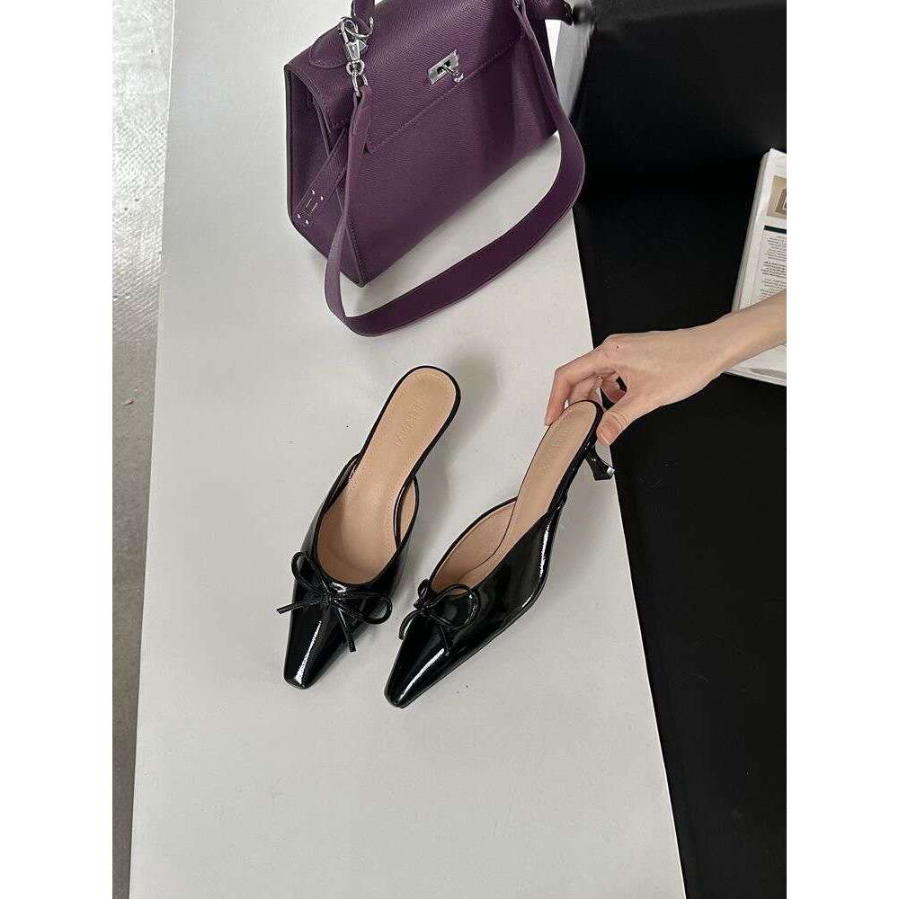 2025 Designer Shoes Summer New Bowknot Mid-Heel Mules Closed-Toe Half Slippers Women Plus Size High Heels Single Shoes Sandals