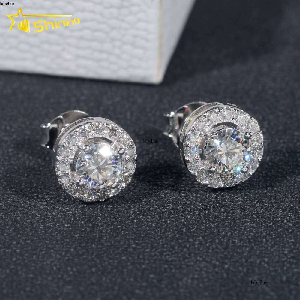 Hip Hop Jewelry Pass Tester Sterling Sier Round Halo VVS Dia Moissanite Stud Earrings