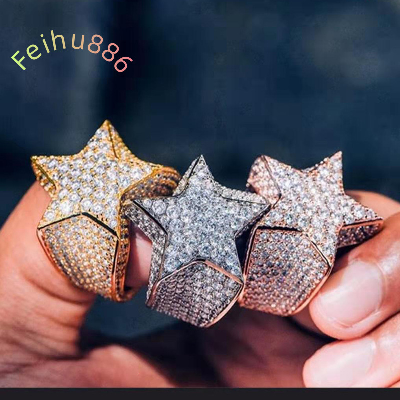 Hip Hop Bling Iced Out Star Rings for Mens Women Jewelry Luxury Gold Silver Color Full Rhinestone Pentagram Rings