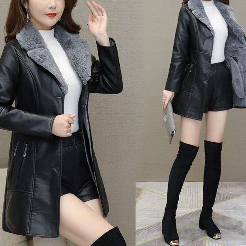 Women's Clothing Autumn And Winter Leather Plus Veet Thickened Mid Length Korean Version New Temperament Slim Fit Waist Pu Jacket Trendy