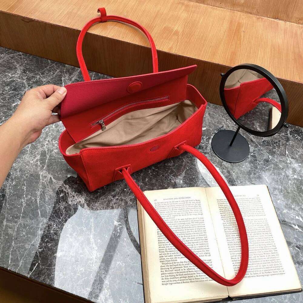 Stylish Ru Hot Sale Red Yellow Color Long handle Trapeze Tote Thick First class Nubuck Leather Women Underarm Shoulder Bag