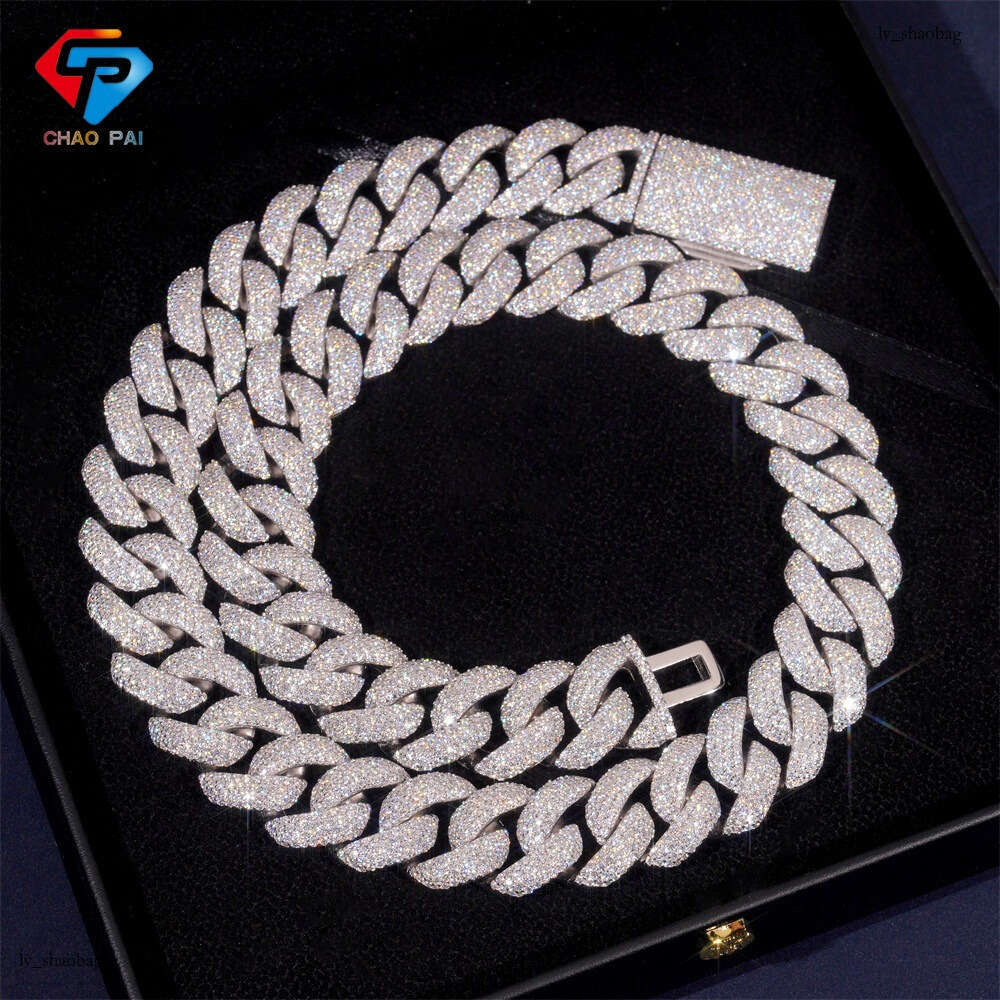 Hip-Hop Men's Sterling Silver Inlaid 5A Moissanite chain 20mm Crescent Moon 4-Row Stone Cuban Bracelet Necklace