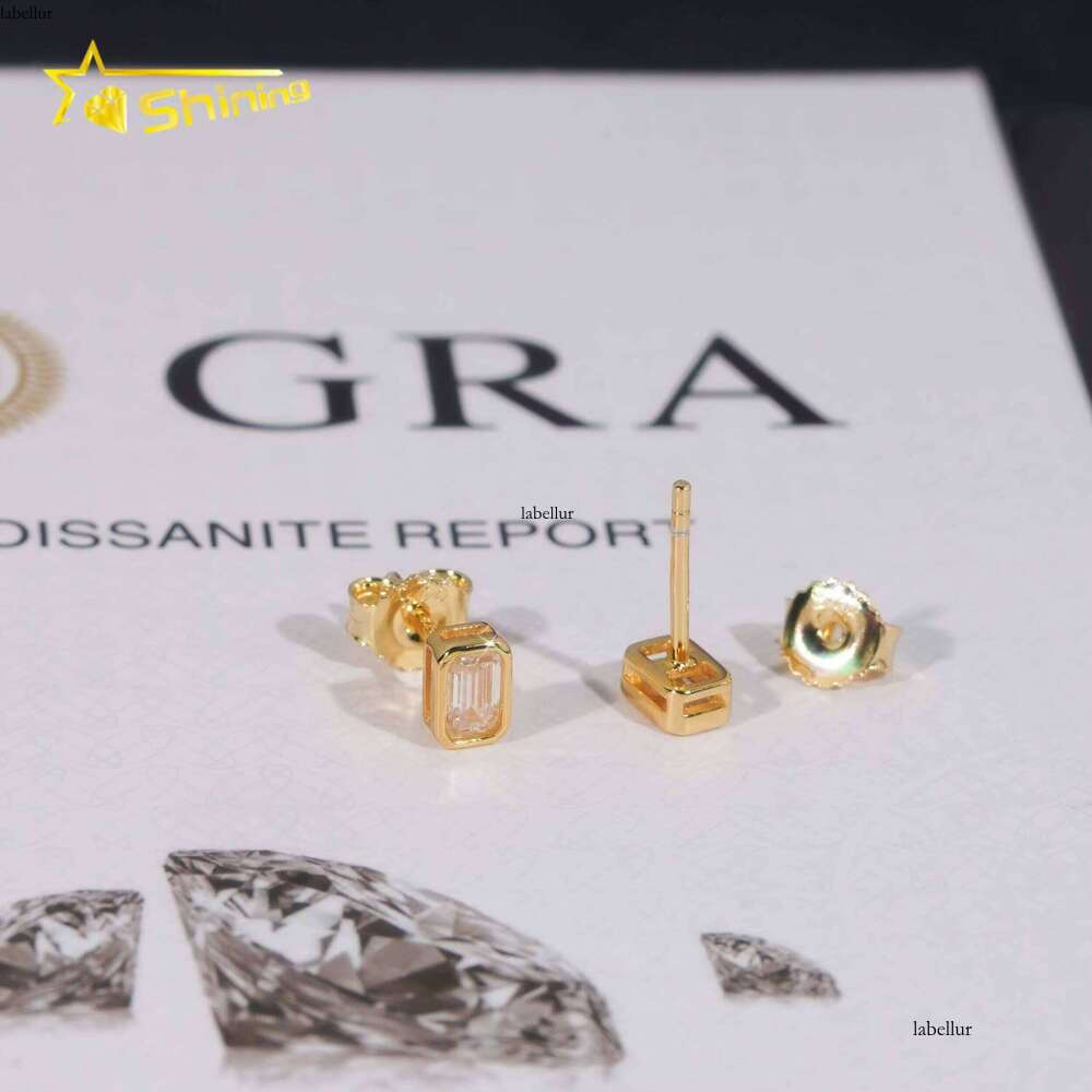 New Arrival Hip Hop Gold Plated Bezel Setting Emerald Cut Moissanite Sier VVS Dia Earrings