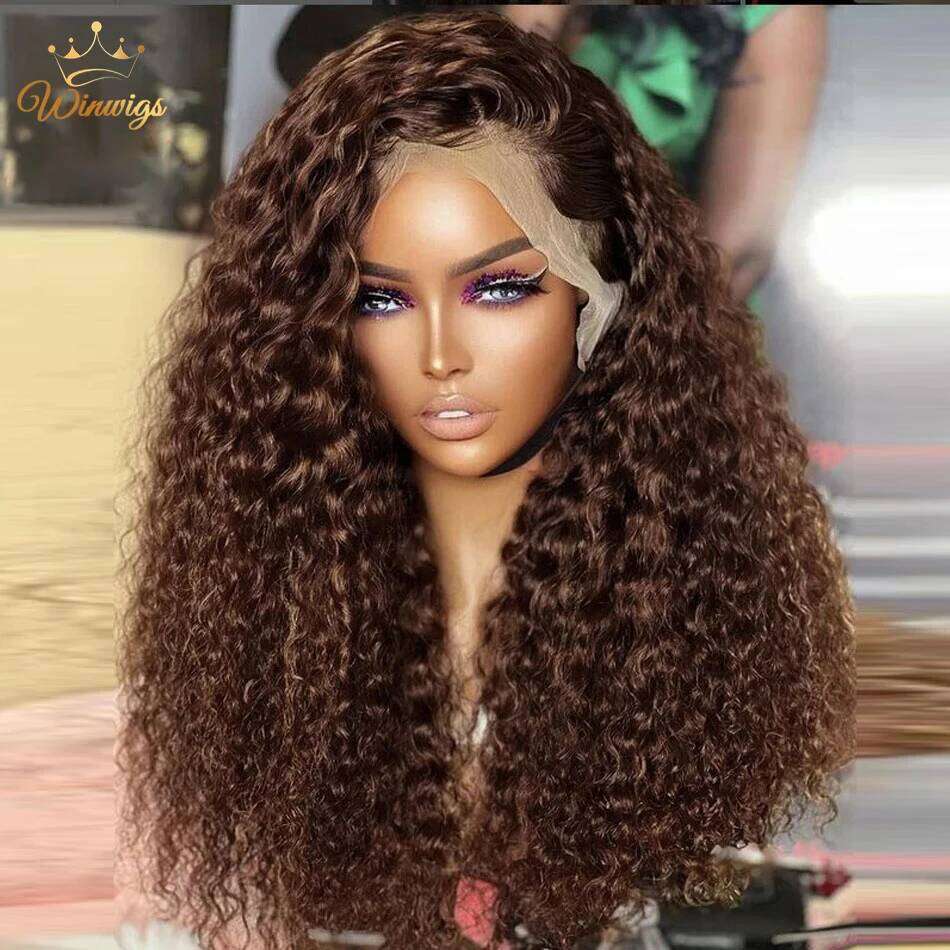 13x4 Chocolate Brown Jerry Curly Front Gluleless Colored Human Hair Wigs Pre Plucked Deep Wave 13x6 HD Lace Frontal Wig