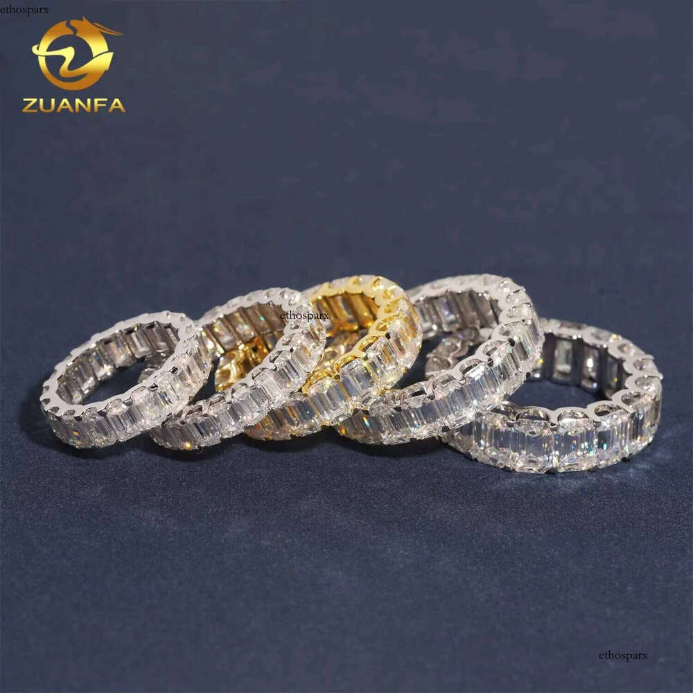 Solid Sier Moissasnite Eternity Ring Iced Out Engagement Rings Emearld Cut Women Men Rapper Jewelry
