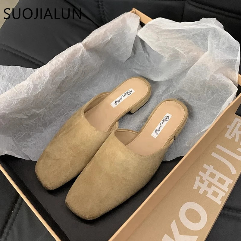 SUOJIALUN Autumn Women Flat Shoes Fashion Round Toe Slip On Mules Shoes Soft Flat Heel Outdoor Casual Dress Sandal Shoes 250815