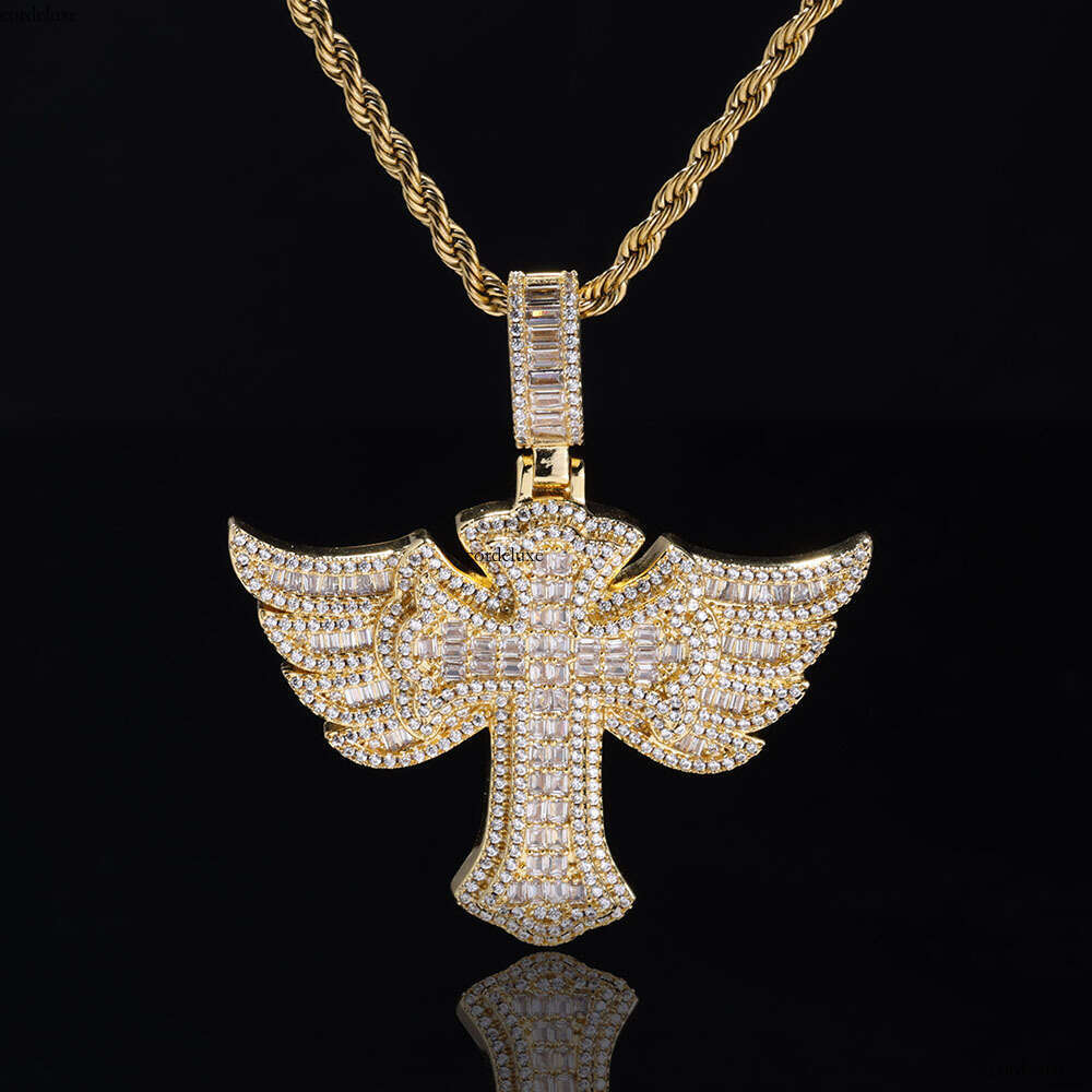 Hip Hop Angel Wings Moissanite chain Cross Pendant Necklace Fashionable Personality Trendy Men's Jewelry