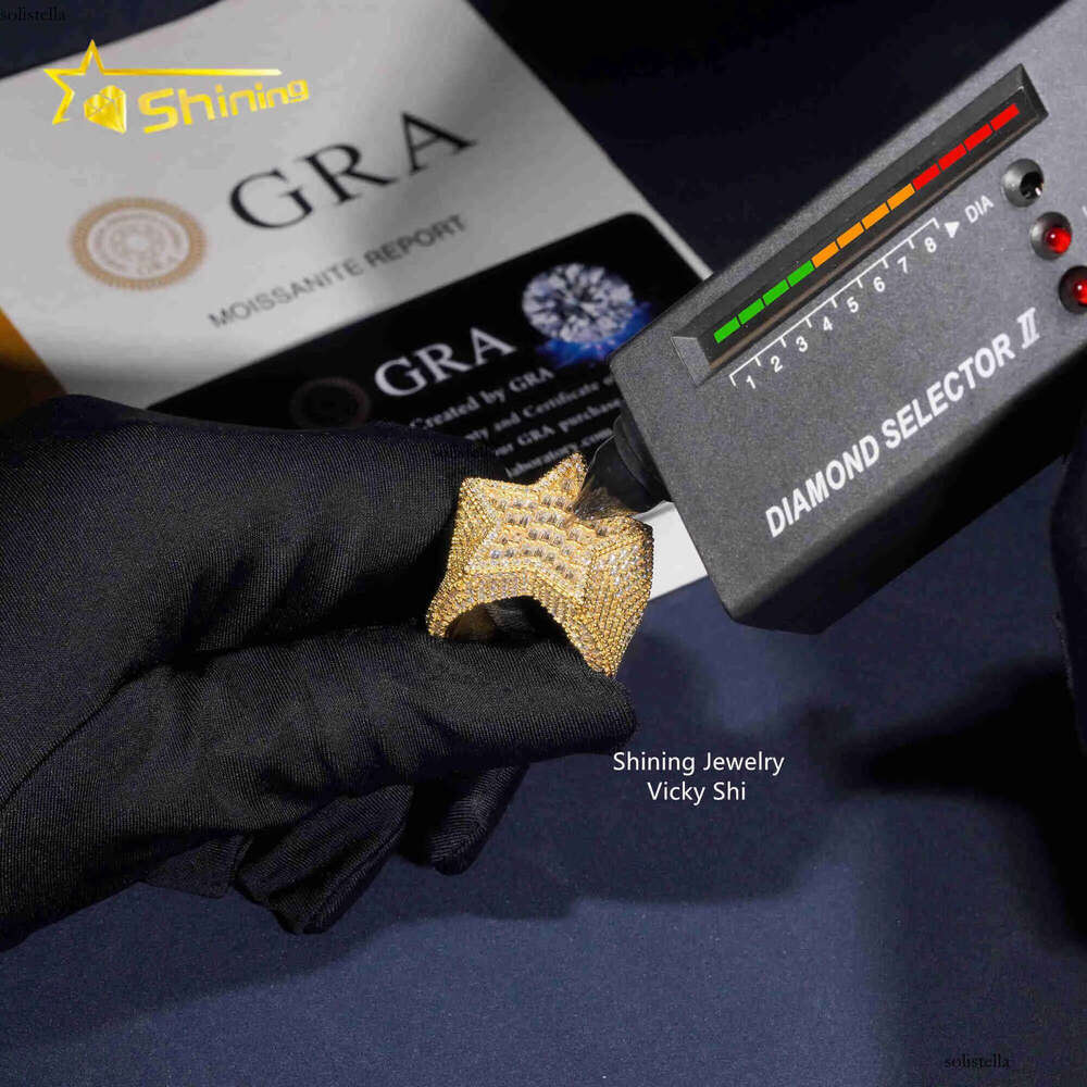 New Arrival Hip Hop Men Sterling Sier Gold Plated Iced Out Baguette Moissanite Star Ring