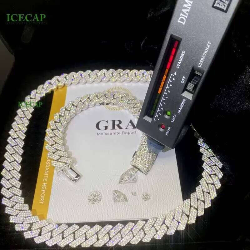 15mm 3Rows VVS Moissanite Miami Pass Dia Test Sterling Sier Bracelet White Gold Cuban Link Chain Necklaces