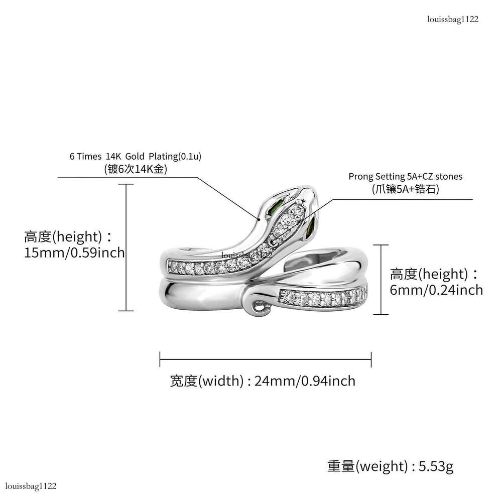 Unique Zircon Green Eye Snake-Shaped Open Minimalist Style Light Luxury Personality Trend Small Snake Ring