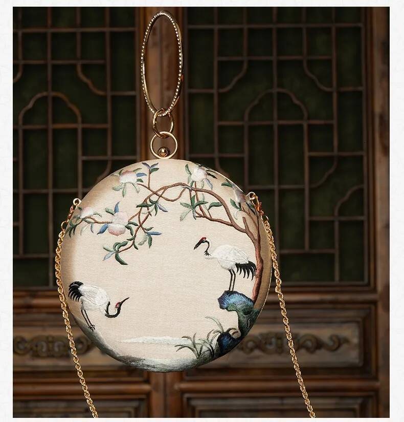 Brand Aristocratic Elegant Round Crossbody Classical Beauty Retro Fashion, Chinese Soviet Style Embroider, Landscape Painting, Flower and Bird Pattern