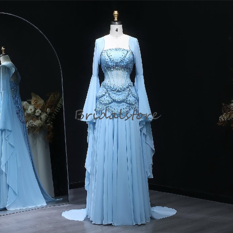 Luxurious Light Blue Prom Dress With Jacket Two Pieces Beaded Chifon Evening Gowns Long Sleeve Corset Birthday Party Dress 2025 Vestio De Fiesta Speci