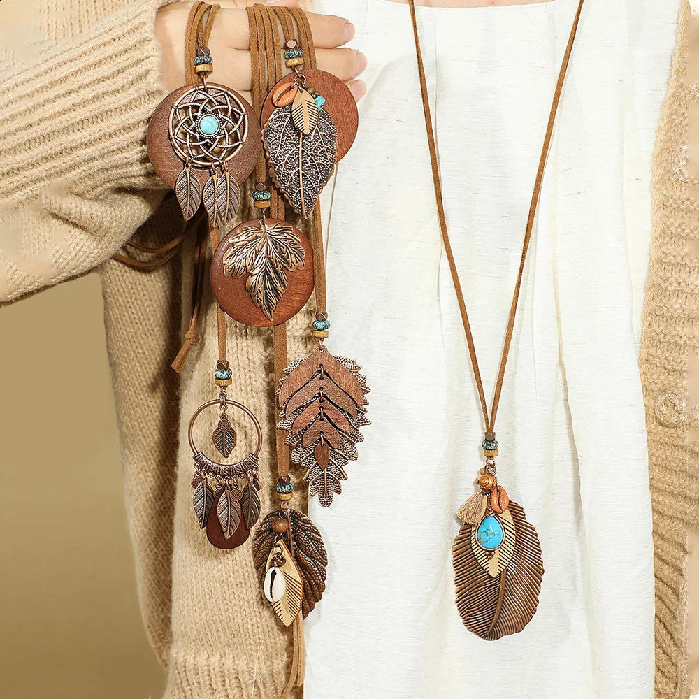 7pcs Boho Long Neckalce Set Brown Pendent Necklaces Sweater Chain Turquoise Shell Tribal Jewelry Party Decors Lifts 250805