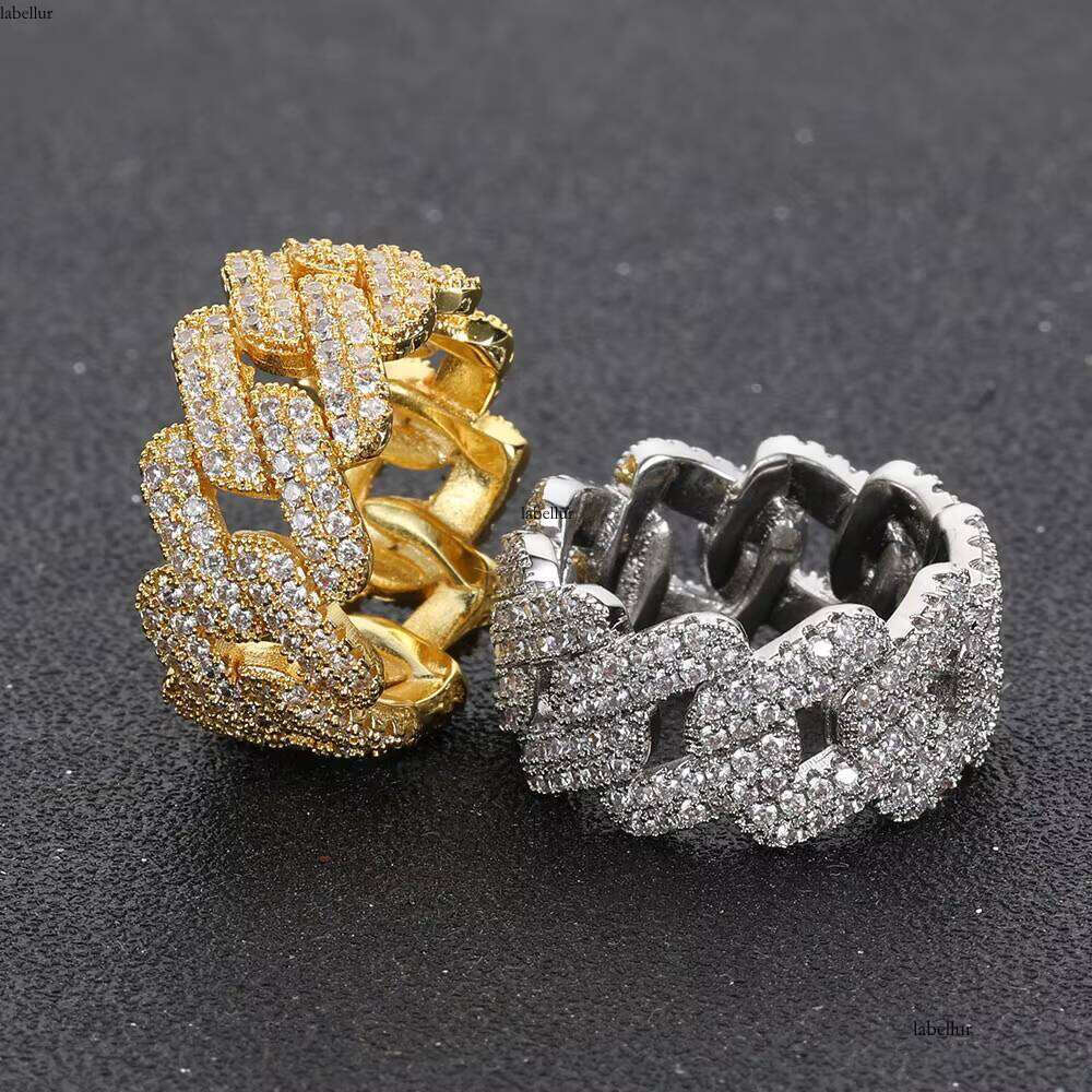 Trendy Hip Hop Men Dia Ring Gold Plated Bling Cubic Zircon Iced Out Cuban Chain Rings