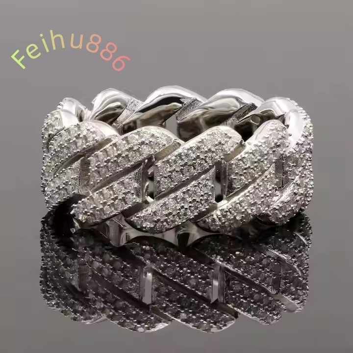 14K Solid White Gold Wedding Ring 11mm Original Moissanite Diamond Monaco Cuban Link Ring in Silver Rhodium Plated for Women