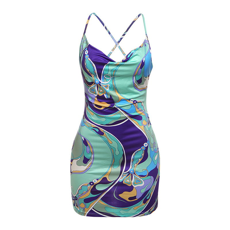 2025 Summer New Womens Fashion Sexy High Waist Slim Fit Bodycon Printed Strap Dress