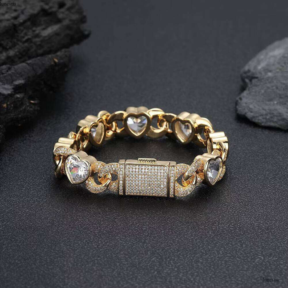 NUOYA Women's White Gold Plated Link Shiny Iced Out Zircon Heart Dia Cuban Chain Bracelet Hip Hop Jewelry