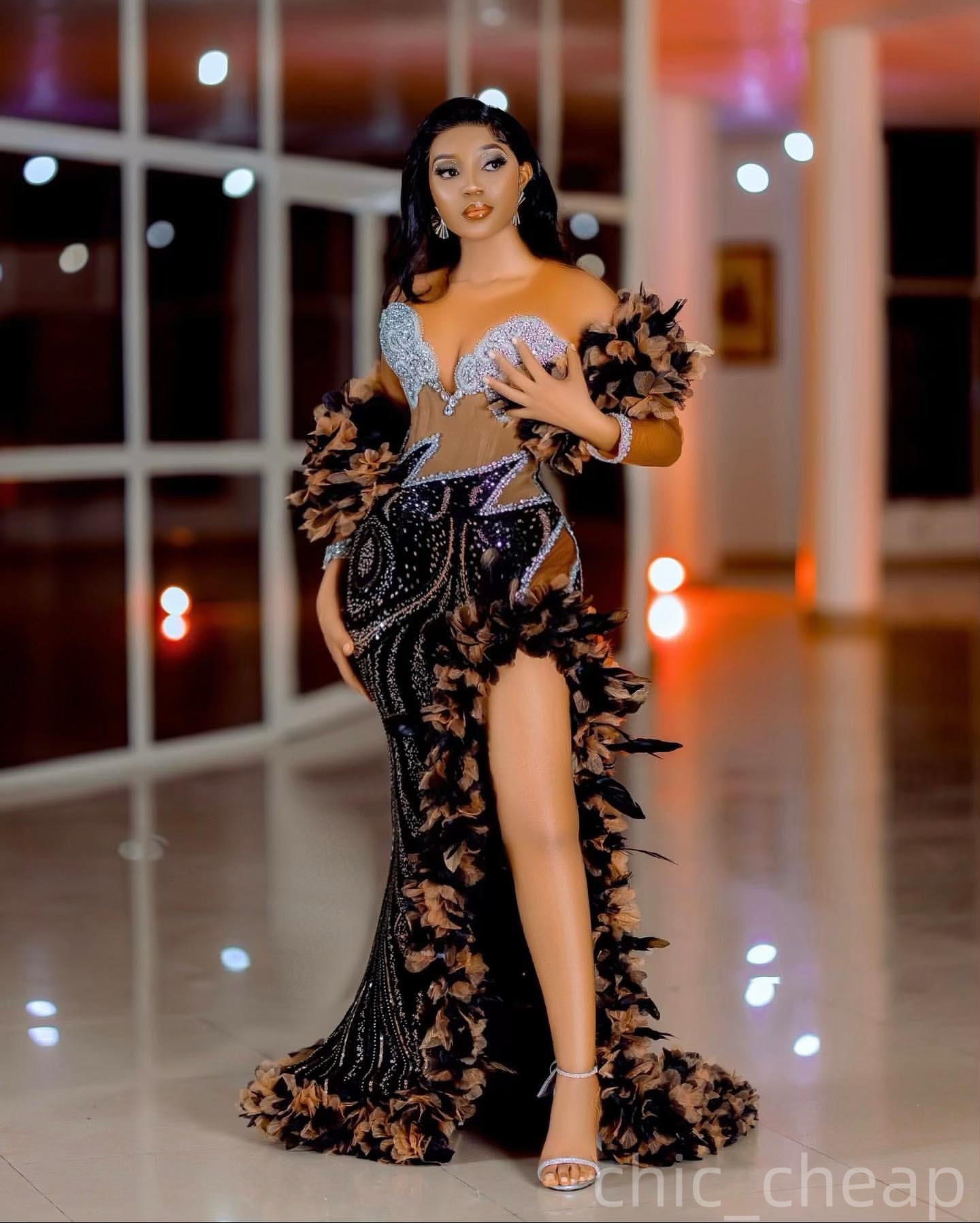 Mermaid Black Prom Dresses 2025 Feather Sequined Crystals High Split Evening Formal Party Second Birthday Engagement Gowns Plus Size Dress For Special