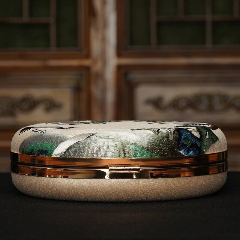 Brand Aristocratic Elegant Round Crossbody Classical Beauty Retro Fashion, Chinese Soviet Style Embroider, Landscape Painting, Flower and Bird Pattern