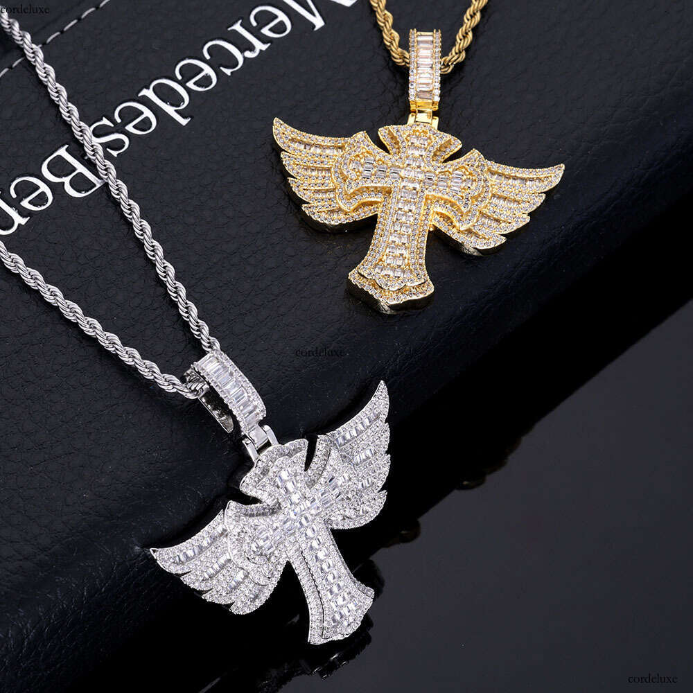 Hip Hop Angel Wings Moissanite chain Cross Pendant Necklace Fashionable Personality Trendy Men's Jewelry