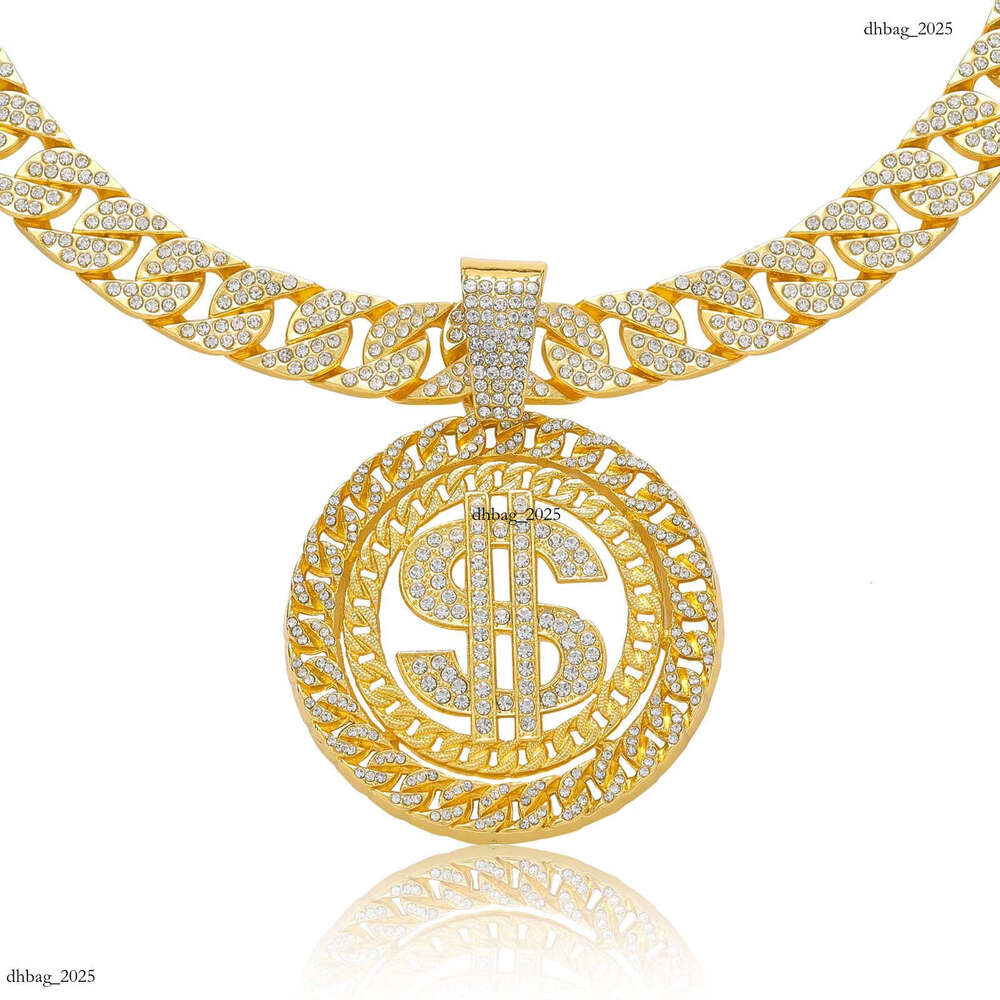 Disc Pendant Full Dia Alloy Trendy Men's Hip Hop Cuban Chain Dollar Necklace