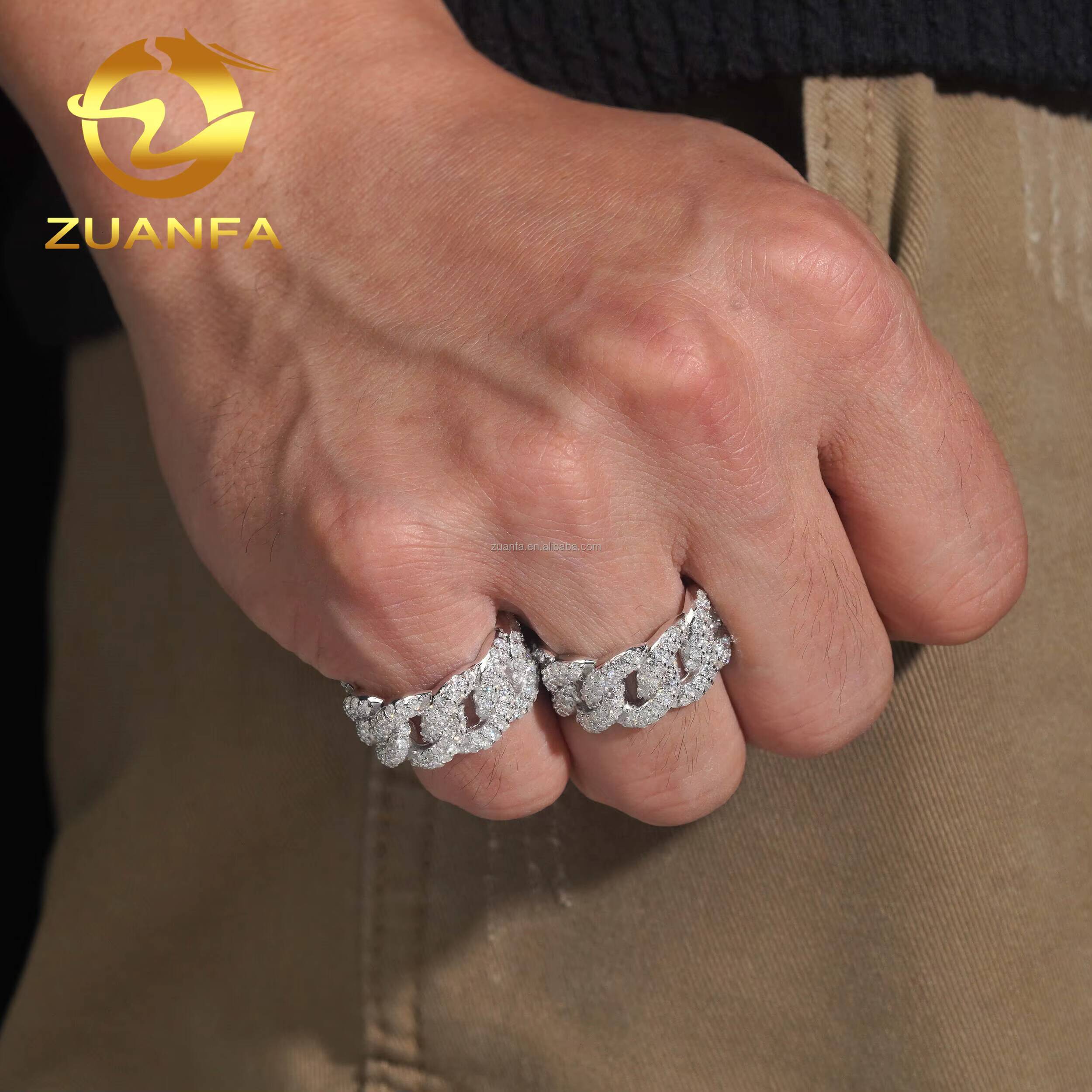 New Design Fashion 2Rows Stone S925 Sterling Silver Hip Hop Iced Out White Gold Plated VVS1 Moissanite Miami Cuban Band Ring Man