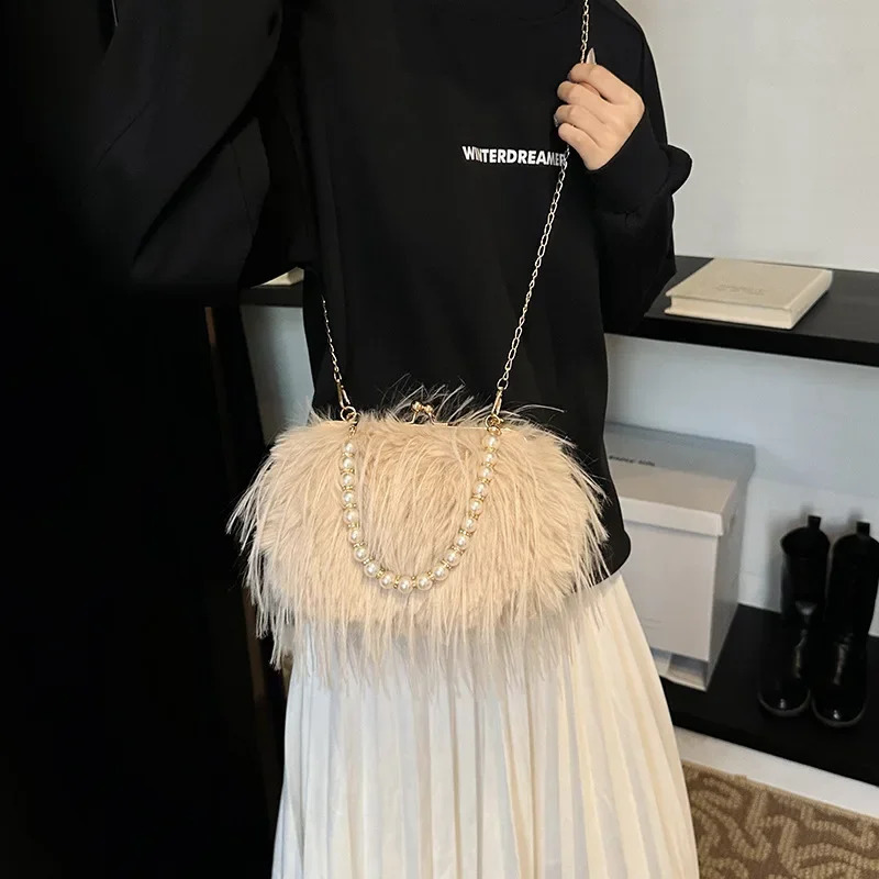 Faux Fur Evening Bag For Women Winter Fluffy Plush Shoulder Crossbody Bag Lady Shell Handbag Clutch Bag 250809