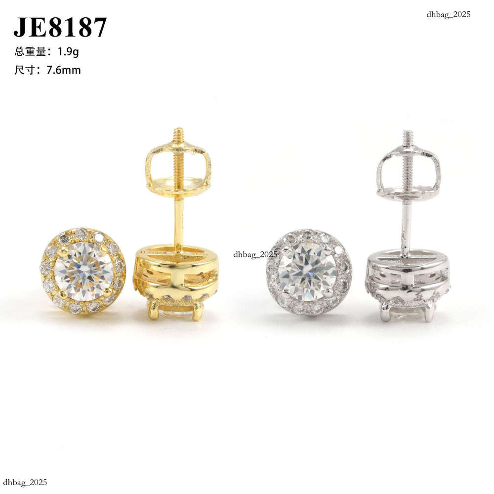 Hip-Hop Sier Plated Main Stone 5.0mm Moissanite Full Unisex Round Dense Setting Earrings