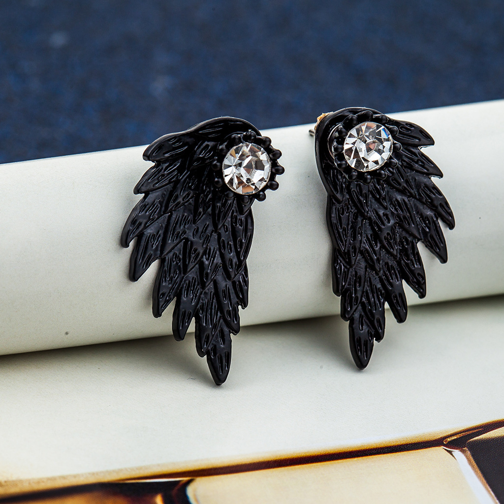 3D Angel Wings Earrings Feather Inlaid Alloy Piercing Studs
