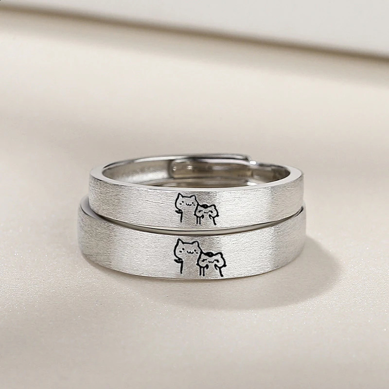 Kitten Couple Rings Cute Sliver Color Cat Open Ring for Women Men Adjustable Finger Rings Romantic Lovers Anniversary Jewelry 250805