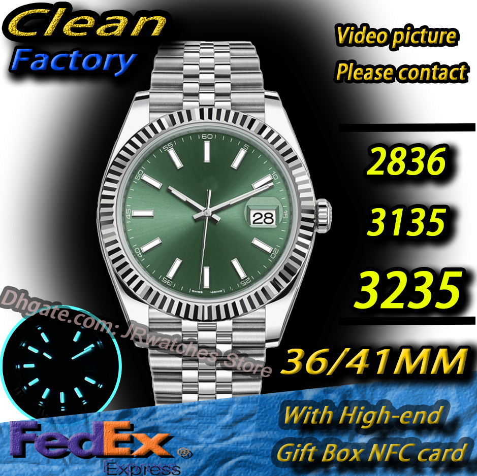 Clean Luxury Brand Watch Luxury Men watch Clean Factory Cal.2836 3135 3235 Date just Green Mint Dial, Jubilee, Fluted 126234 Stainless Steel Mens Watch Wristwatches