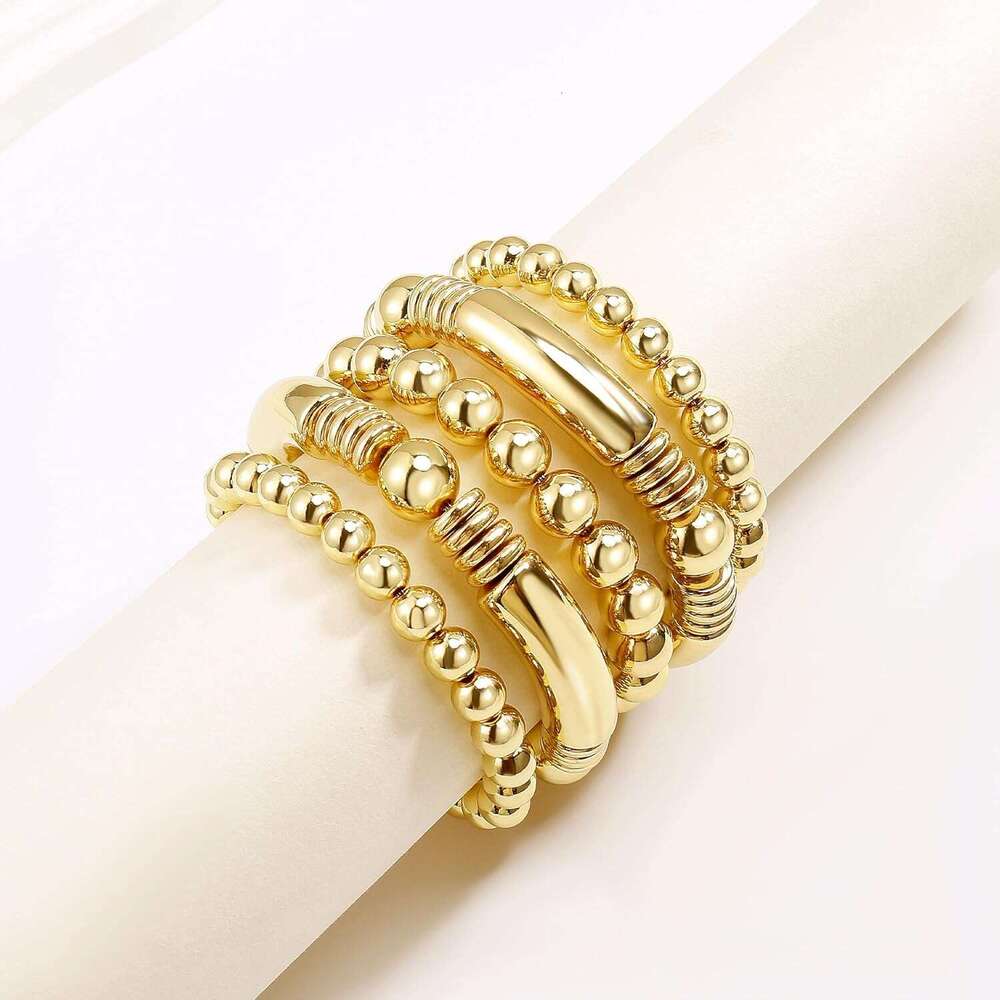 14K Gold Bangles Bracelet for Women Chunky Curved Stacking Plated Bead Ball Stretchable Bracelets