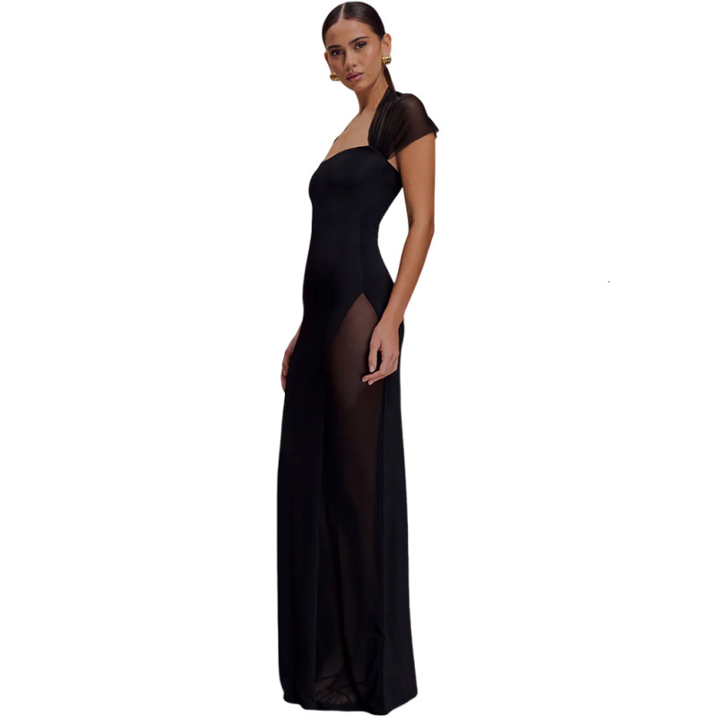 2025 Summer New Sexy Waist-Cinching Sheer Long Dress Elegant Off-Shoulder Solid Color Womens Dress