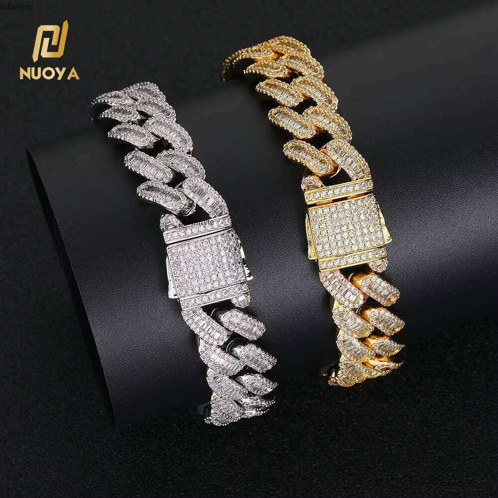 NUOYA Wholesale 15MM Bling Baguette Dia Iced Out CZ Dias Spring Clasp Cuban Chain Bracelet