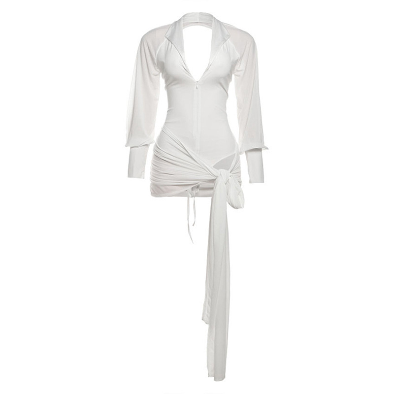 2025 Summer New Womens Solid Color Sexy Short Dress Backless Tie Knot Long Sleeve Dress