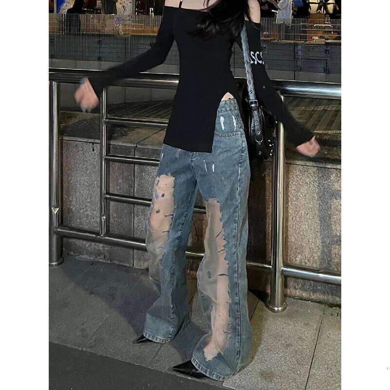 ZHIZOU Y2k Aesthetic Women Sexy Mesh Spliced Haruku Streetwear Denim Trousers Hollow Out Kpop Style Vintage Baggy Jeans