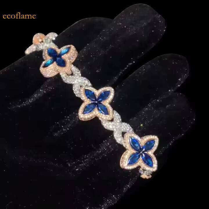Charming Colorful Marquise Eye Moissanite Four-Leaf Clover Sier Cuban Chain Men's Women's Jewelry Bracelet Bangle