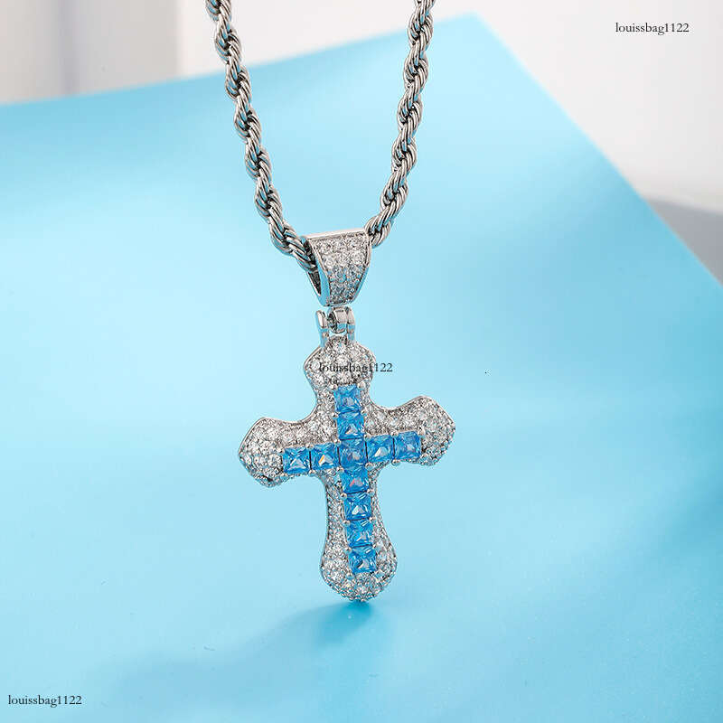 Hip Hop Blue Moissanite chain Cross Men's Necklace Fashion Versatile Sweater Chain Jewelry