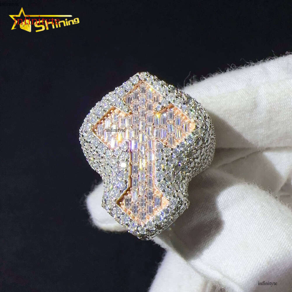 Sterling Silver VVS Cubic Zirconia Iced Out Lab Hip Hop Jewelry Cross Ring