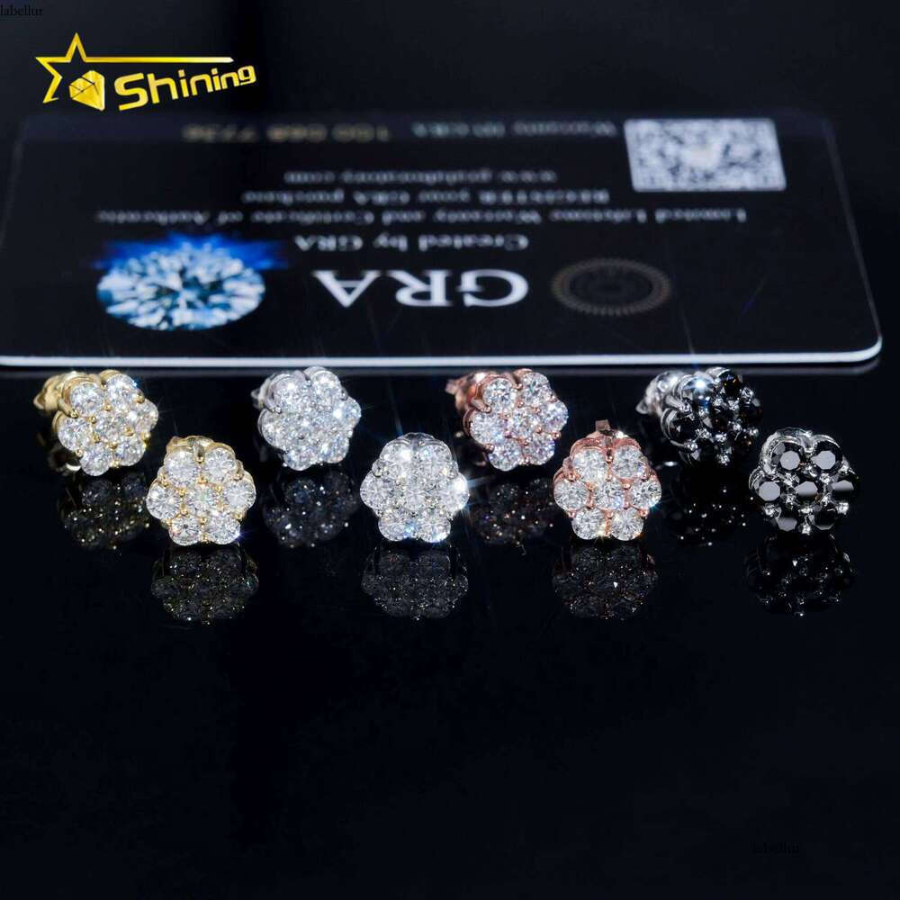 RTS Men's Hip-Hop Jewelry Sterling Sier White Black 8mm Cluster Flower Pyroxene Stud Earrings with GRA Certificate