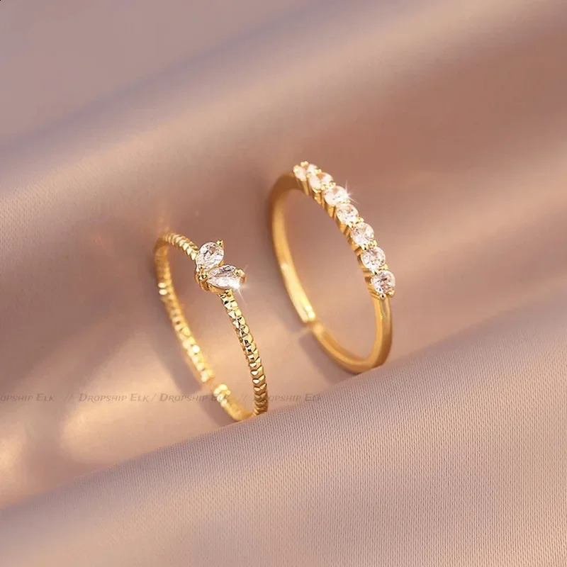 2pcs/set Gold Color Heart Zircon Rings Set for Women Girls Adjustable Minimalism Twist Ring Fashion Jewelry Wedding Gifts 250805
