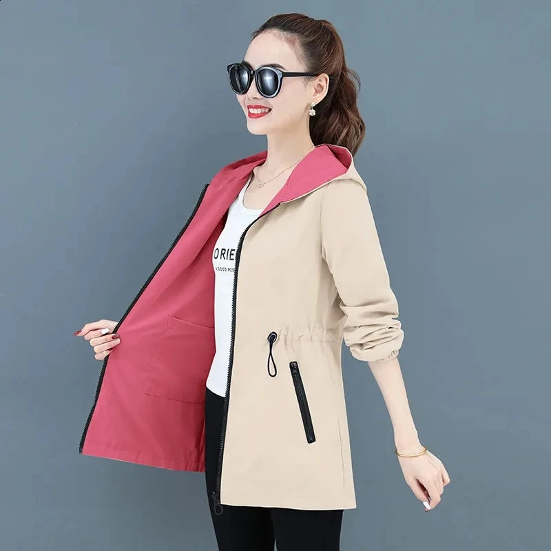 Spring Autumn DoubleSided Trench Coat Women Long Sleeve Jacket Hooded Drawstring Reversible Female Streetwear Outerwear 4XL 250809